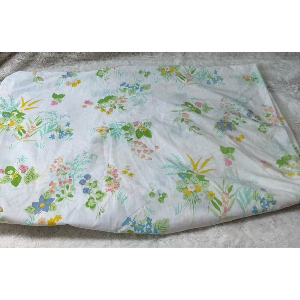 VTG 80s Ultracale Wamsutta Floral Garden Queen Flat Fitted Sheet Country Flowers